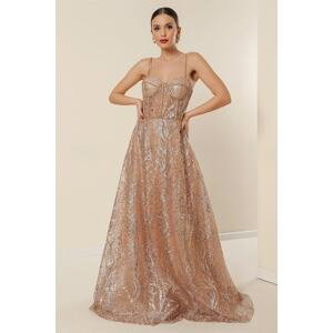 By Saygı Rope Strap Bead Detailed Lined Sequins And Silvery Underwire Long Dress Salmon