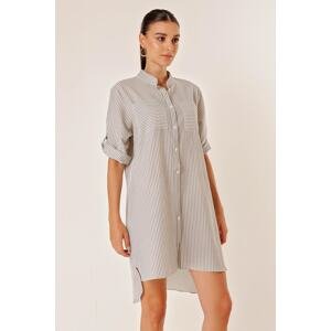 By Saygı Double Pocket Front Short Back Long Longitudinal Striped Short Sleeve Seekers Dress Gray
