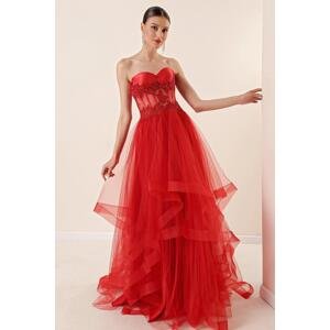 By Saygı Beaded Embroidered Transparent Layered Tulle Taffeta Long Evening Dress