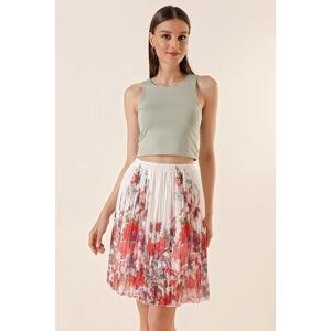 By Saygı Elastic Waist Lined Large Flower Patterned Short Chiffon Skirt Red