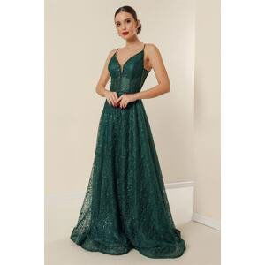 By Saygı String Strap Lined Bead Detailed Embroidery Sequin Long Dress Emerald