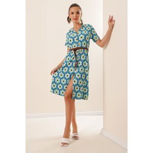 By Saygı Floral Pattern Short Sleeve See-through Dress With Buttons In The Front With A Belt Blue