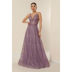 By Saygı String Strap Lined Bead Detailed Embroidery Sequin Long Dress Lilac