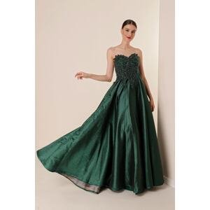 By Saygı Beaded Embroidered Lined Glitter Taffeta Long Dress Green