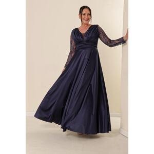 By Saygı Navy Blue Sleeves Tulle Silvery Detailed Front Pleated Plus Size Long Satin Evening Dress