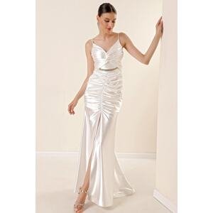 By Saygı Rope Strap Front Draped Chain Accessory Lined Satin Long Dress White