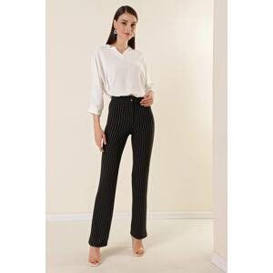 By Saygı High Waist Striped Knitted Crepe Palazzo Trousers Black