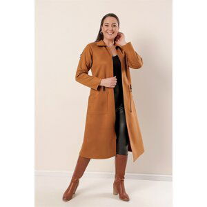 By Saygı Plus Size Suede Coat Green With Striped Shoulders Front Zipper Pocket