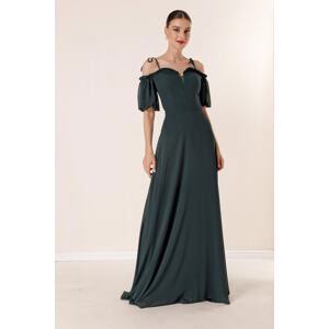 By Saygı Emerald Neck Pleated Balloon Sleeve Long Chiffon Dress