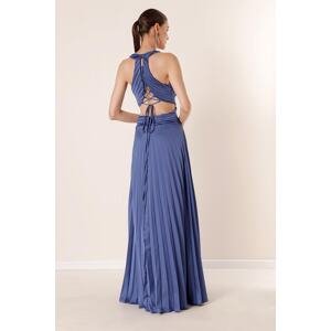 By Saygı Lined Pleated Long Satin Dress with Low-cut Waist and Back INDIGO