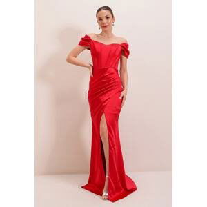 By Saygı Side Gathered Underwire Lined Long Satin Dress Red