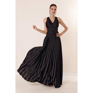 By Saygı Lined Pleated Long Satin Dress with Low-cut Waist and Back Black