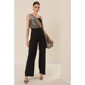 By Saygı One Side Thick Straps Leopard Pattern Satin Detailed Wide Leg Jumpsuit Black.