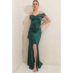 By Saygı Emerald Boat Neck Skirt Pleated Lined Long Satin Dress