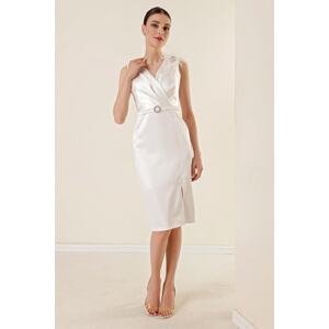 By Saygı Double-breasted Collar Draped Waist with Belt Lined Shoulders Tulle Detail Satin Dress in Ecru.