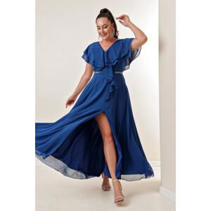 By Saygı V-Neck Flounce Lined Plus Size Long Chiffon Dress with Stones at Waist and Front Slit