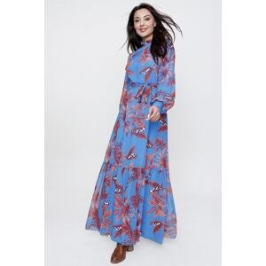 By Saygı Modrý top Plisovaný pas Leaf Vzorovaný lemovaný dlouhý šifonový Šaty