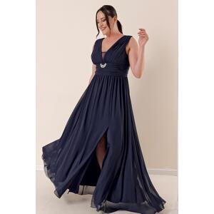 By Saygı Front Back V-Neck Stone Detailed Waist Draped Lined Plus Size Chiffon Long Dress with Front Slit Navy Blue