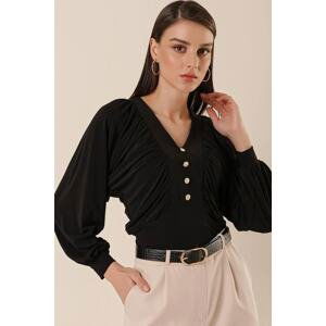 By Saygı V Neck Bat Sleeve Front Button Detailed Lycra Blouse Black