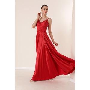 By Saygı Rope Strap Bead Guipure Detailed Lined Draped Long Satin Dress