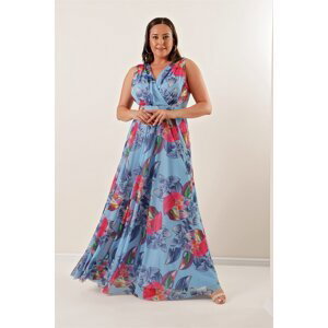 By Saygı Front Back V Neck Floral Pattern Lined Plus Size Long Tulle Dress Baby Blue