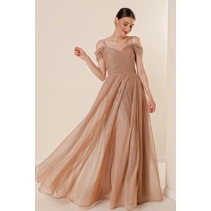By Saygı Strappy Low Sleeves Lined Long Glitter Dress with Wide Size Range