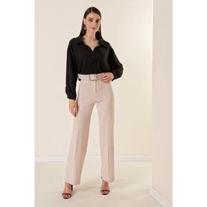 By Saygı High Waist Coated Belted Knitted Crepe Palazzo Pants Beige