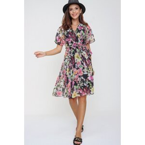 By Saygı Double Breasted Neck Floral Waist Belted Lined Chiffon Dress Black