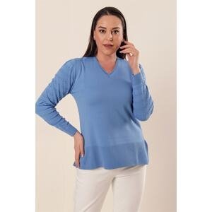 By Saygı V-Neck Sleeve Patterned Plus Size Acrylic Sweater With Slits In The Sides Indigo