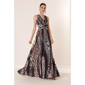 By Saygı Waist And Decollete Lined Leopard Pattern Pleated Long Satin Dress Black