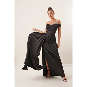 By Saygı Collar Stoned Front Gathered Lined Satin Long Dress Black
