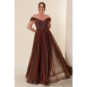By Saygı Strappy Low Sleeve Lined Wide Body Interval Long Silvery Dress Gold-copper
