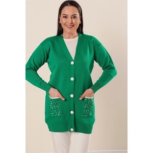 By Saygı Green Plus Size Acrylic Cardigan With Bead And Stone Detailed Front Buttoned Pockets