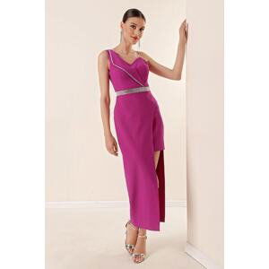 By Saygı One Shoulder Stone Detailed Long Dress Fuchsia with Short Lining on One Side