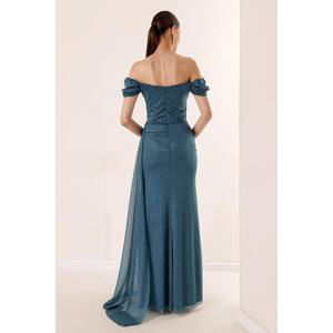 By Saygı Gathered Front, Low Sleeve, Lined, Glittery Long Dress, Petrol