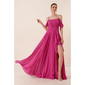 By Saygı Rope Straps Low Sleeves Draped on the Front Flounce Front Side Slit Lined Long Chiffon Dress Fuchsia