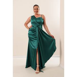 By Saygı One Side Rope Straps Emerald Front Gathered Lined Plus Size Long Satin Dress