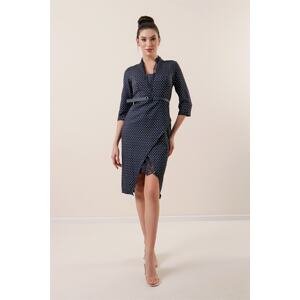 By Saygı Belted Waist Lace Detailed Lined Spotted Crepe Satin Dress Navy Blue