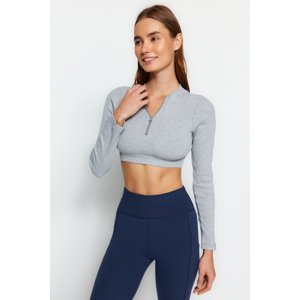 Trendyol Gray Melange Ribbed and Zipper Detail Yoga Sports Top/Blouse