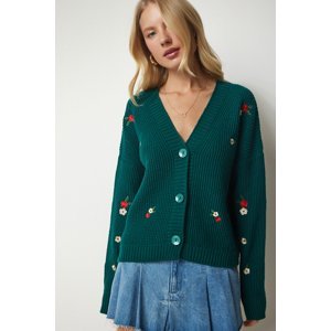 Happiness İstanbul Women's Emerald Green Floral Embroidered Buttoned Knitwear Cardigan