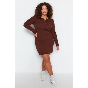 Trendyol Curve Brown Collar Snap-On Ribbed Knitted Dress