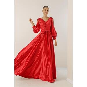 By Saygı Front Back V-Neck Front Draped Waist Belted Sleeves Tulle Bead Detailed Lined Long Satin Dress