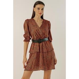 By Saygı Double Breasted Neck Waist Belted Lined Leopard Patterned Layered Satin Dress