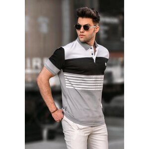 Madmext Men's Painted Gray Polo Neck Striped T-Shirt 5865