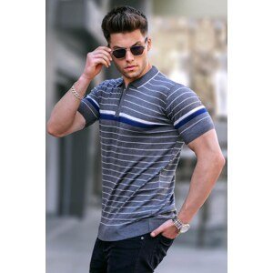 Madmext Ice Gray Striped Polo Neck T-Shirt 5734