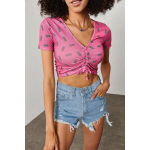 XHAN Women's Baby Pink Pineapple Pattern Shirred Detailed Crop