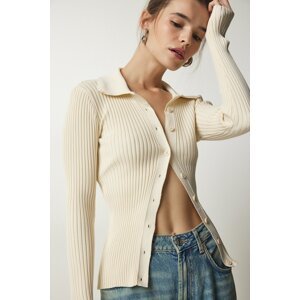 Happiness İstanbul Women's Cream Buttons, Corduroy Knitwear Sweater