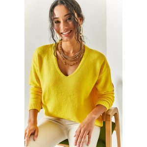 Olalook Women's Yellow V-Neck Soft Textured Knitwear Sweater