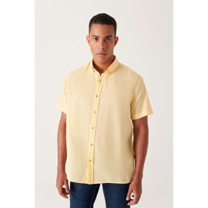 Avva Men's Yellow Button Collar 100% Cotton Thin Short Sleeve Standard Fit Regular Fit Shirt