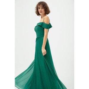 Lafaba Women's Emerald Green Thin Strap Boat Neck Silvery Long Evening Dress